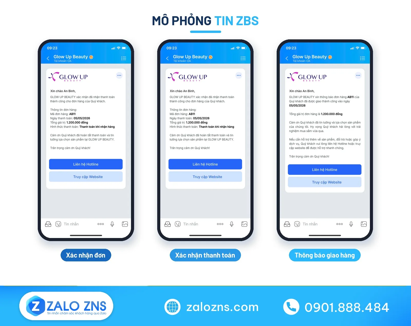 Mô phỏng các mẫu tin nhắn chăm sóc khách hàng Zalo ZBS